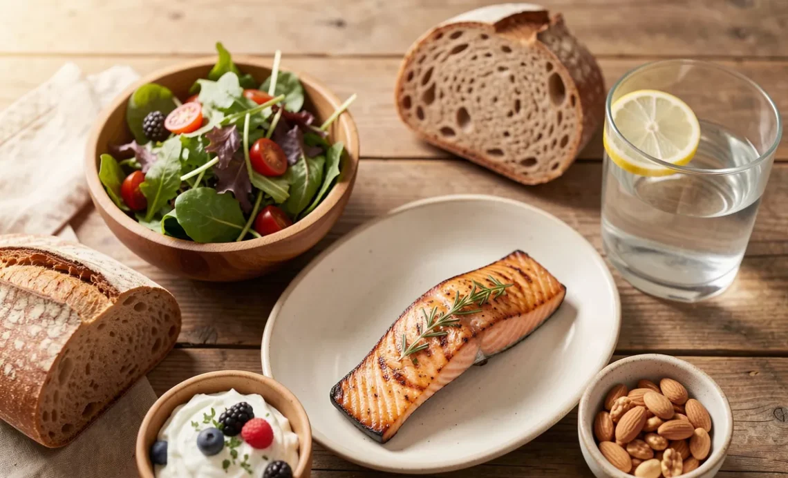 Balanced diet guide featuring salmon, Greek yogurt with berries, mixed green salad, whole grain bread, and nuts arranged on wooden table with natural lighting