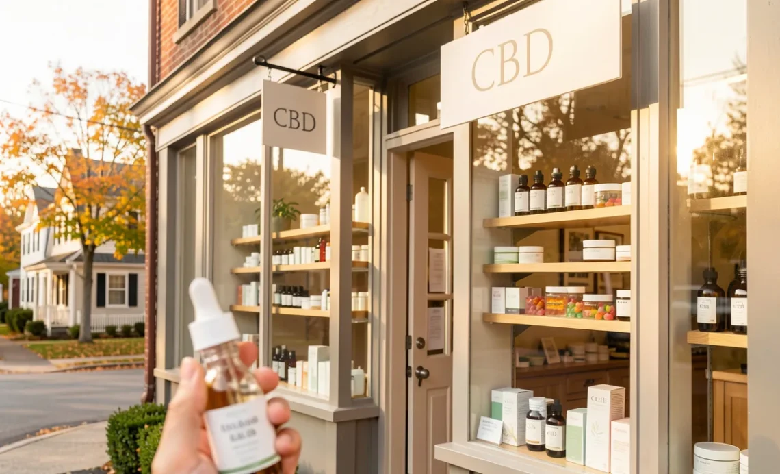 Modern CBD store Massachusetts with a glass window display featuring CBD oils, gummies, and topicals on wooden shelves, and a hand holding a CBD oil bottle in the foreground.