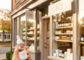 Modern CBD store Massachusetts with a glass window display featuring CBD oils, gummies, and topicals on wooden shelves, and a hand holding a CBD oil bottle in the foreground.
