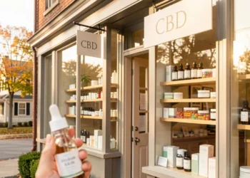 Modern CBD store Massachusetts with a glass window display featuring CBD oils, gummies, and topicals on wooden shelves, and a hand holding a CBD oil bottle in the foreground.