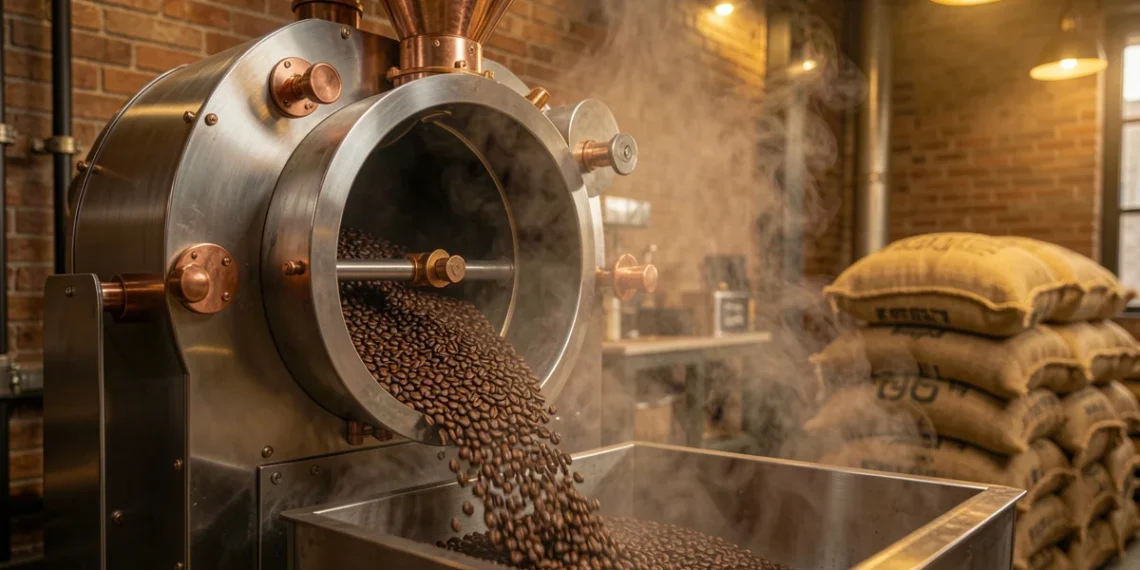 Modern commercial coffee roaster machine with freshly roasted beans in cooling tray inside professional roastery facility, showing industrial equipment and warm lighting