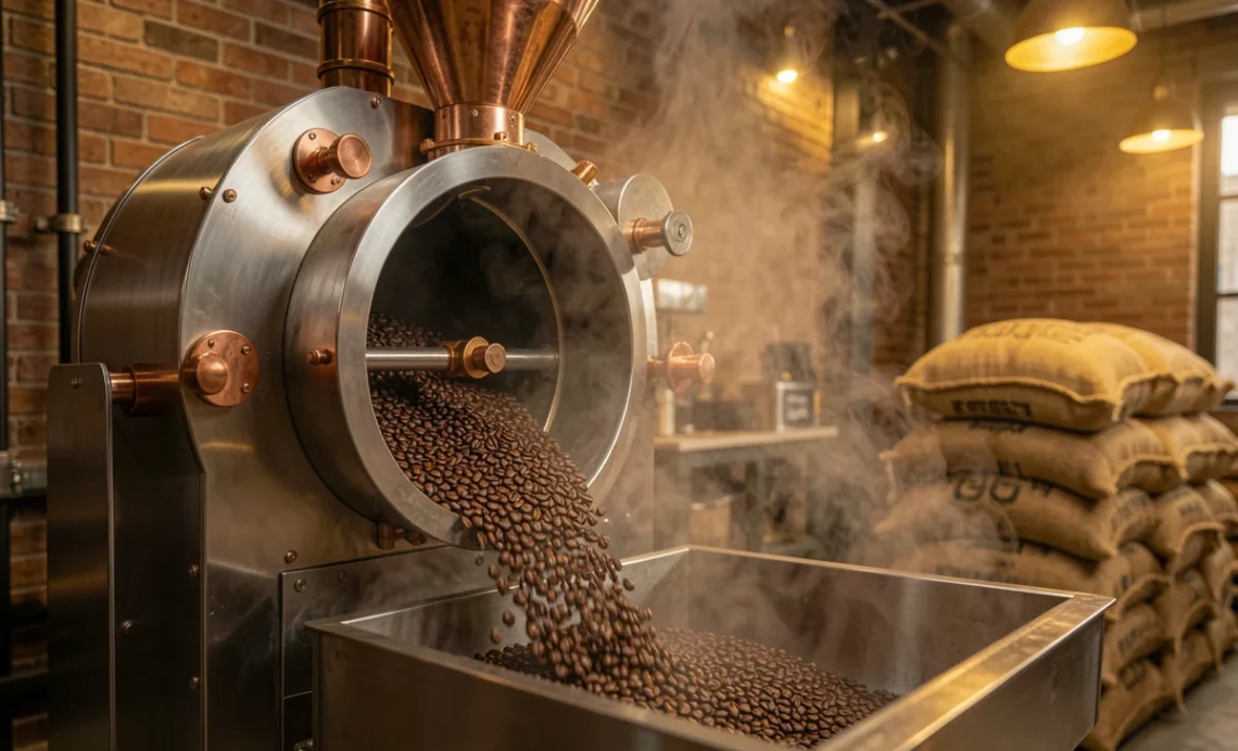 Modern commercial coffee roaster machine with freshly roasted beans in cooling tray inside professional roastery facility, showing industrial equipment and warm lighting