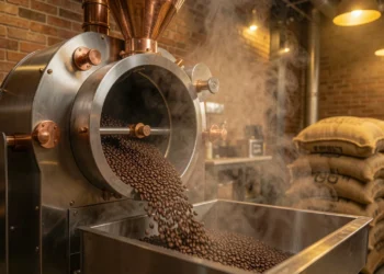 Modern commercial coffee roaster machine with freshly roasted beans in cooling tray inside professional roastery facility, showing industrial equipment and warm lighting