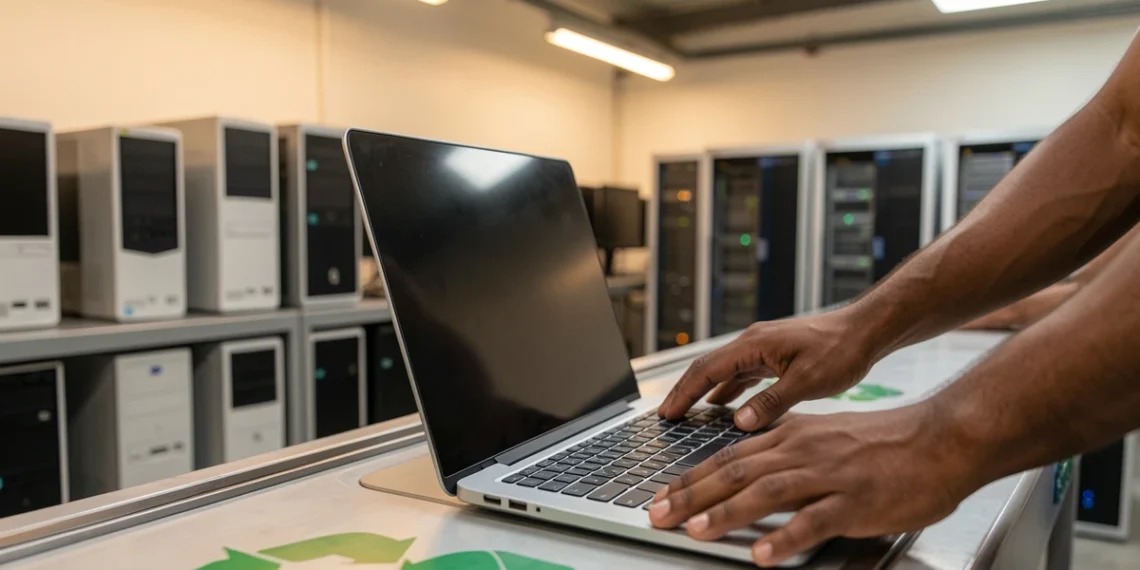 Hands placing an old laptop into a clean recycling bin at a professional computer recycling center for secure data destruction and e-waste processing.