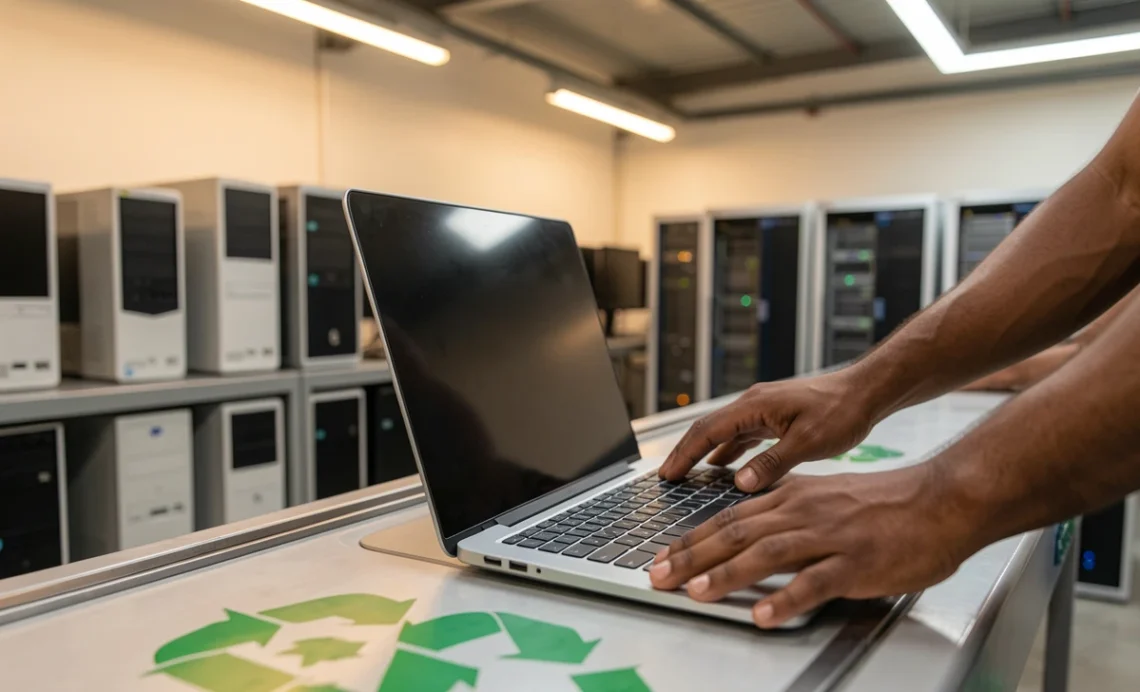Professional Computer Recycling Center for Secure E-Waste Disposal 1 Hands placing an old laptop into a clean recycling bin at a professional computer recycling center for secure data destruction and e-waste processing.