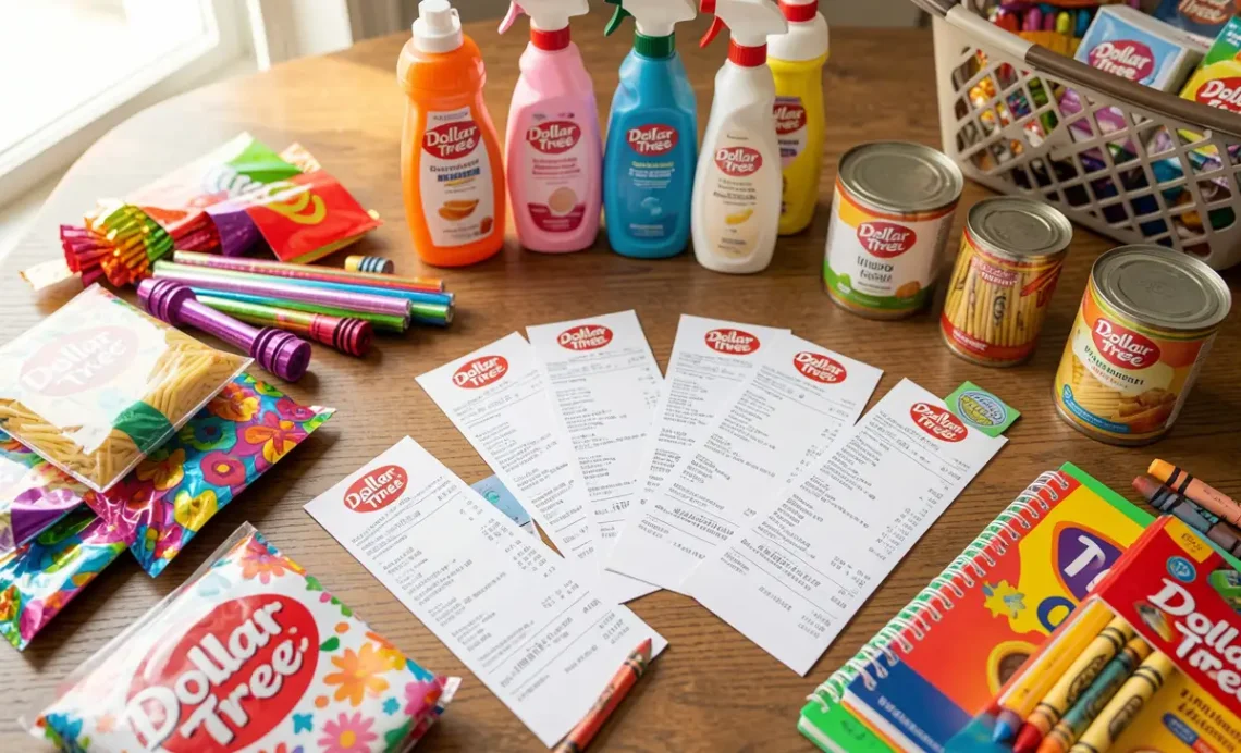 Flat lay of Dollar Tree review shopping haul including party supplies, cleaning products, groceries, and school items with receipts and shopping basket.