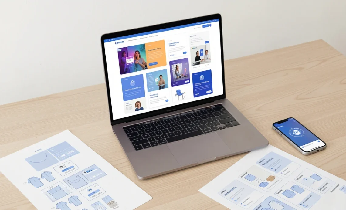 Laptop and smartphone displaying free UI mockup templates on screen with printed templates on wooden desk