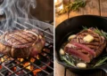 Side-by-side comparison of grilled steak on a barbecue with char marks and pan-seared steak cooking in a cast iron skillet with garlic and rosemary