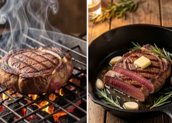 Side-by-side comparison of grilled steak on a barbecue with char marks and pan-seared steak cooking in a cast iron skillet with garlic and rosemary