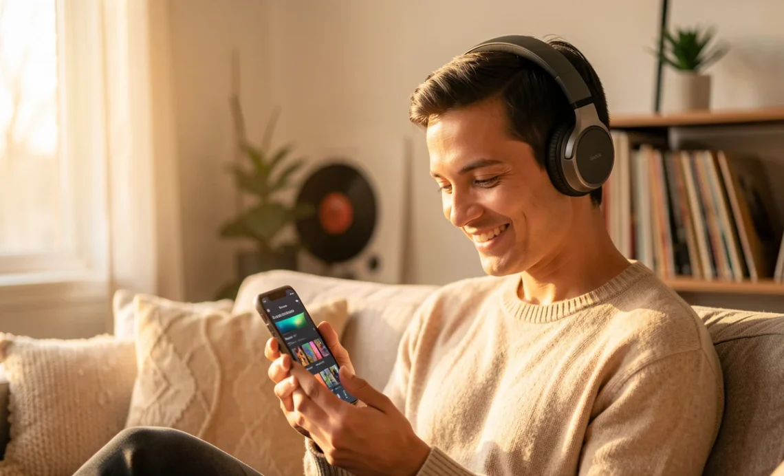 A person creating a music playlist on a smartphone while sitting on a cozy couch in a modern living room with vinyl records in the background.