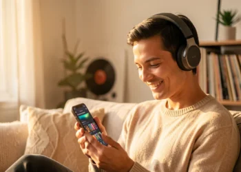 A person creating a music playlist on a smartphone while sitting on a cozy couch in a modern living room with vinyl records in the background.
