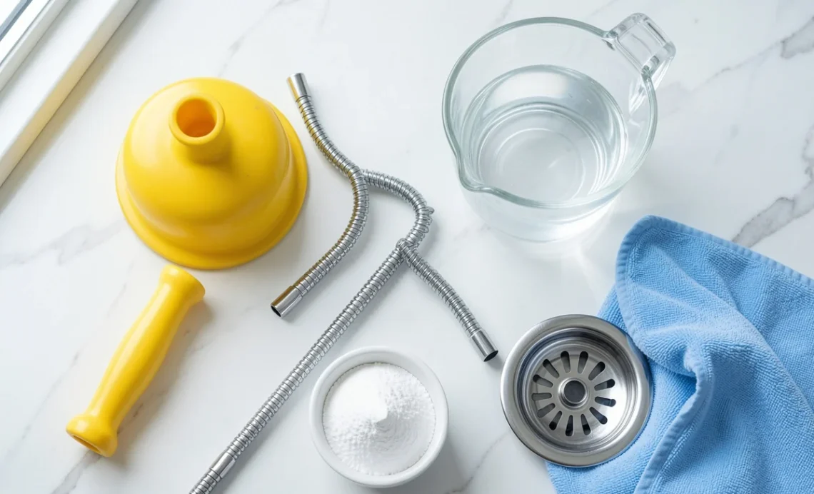 Plunger, baking soda, vinegar, and drain snake tools arranged on white marble surface for unclogging a bathroom drain naturally at home.