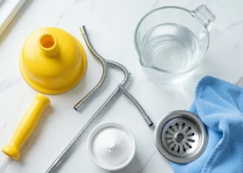 Plunger, baking soda, vinegar, and drain snake tools arranged on white marble surface for unclogging a bathroom drain naturally at home.