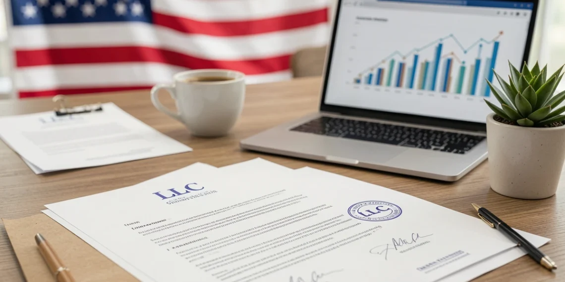 LLC benefits guide featured image showing official documents with LLC stamp, laptop, and coffee cup on wooden desk - professional business setup concept