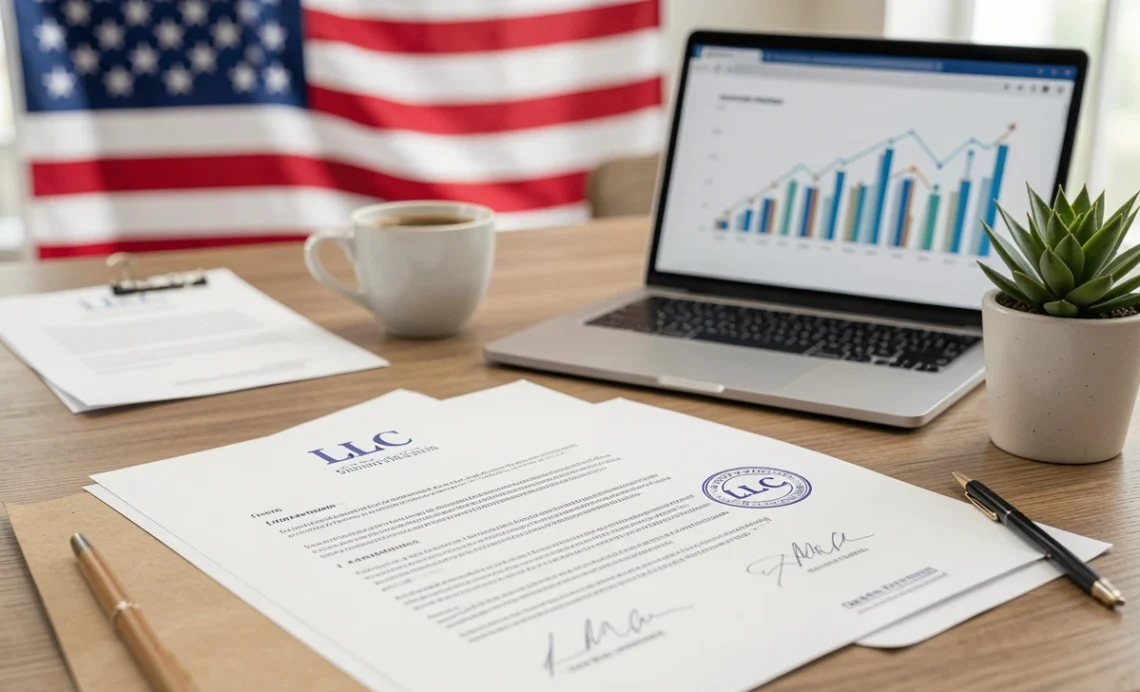 LLC benefits guide featured image showing official documents with LLC stamp, laptop, and coffee cup on wooden desk - professional business setup concept