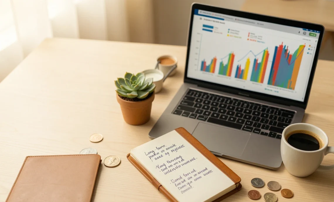 How To Build A Long-term Investment Portfolio That Actually Works For You 1 Long-term investment portfolio planning on laptop with charts, notebook, and coffee on wooden desk