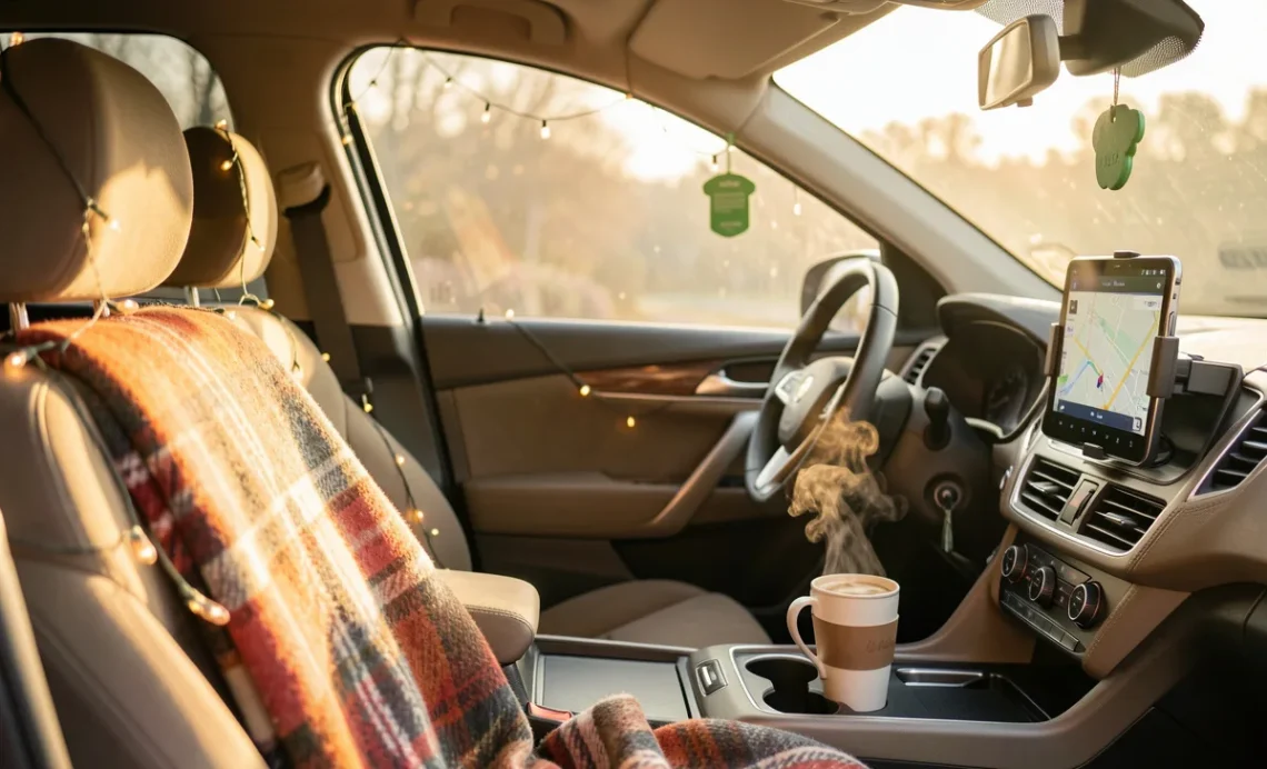 A warm and cozy car interior with plaid blanket draped over the seat, string lights on headrest, coffee in cup holder, and smartphone mounted on dashboard showing GPS navigation.