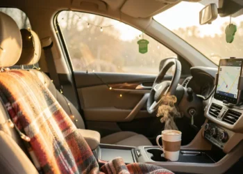 A warm and cozy car interior with plaid blanket draped over the seat, string lights on headrest, coffee in cup holder, and smartphone mounted on dashboard showing GPS navigation.