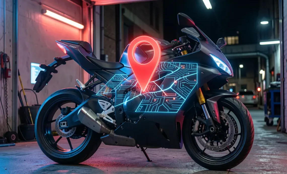 A sports motorcycle with a holographic digital map and GPS location pin overlay, illustrating how a motorcycle GPS tracker works for theft prevention and security.