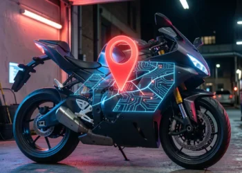 A sports motorcycle with a holographic digital map and GPS location pin overlay, illustrating how a motorcycle GPS tracker works for theft prevention and security.