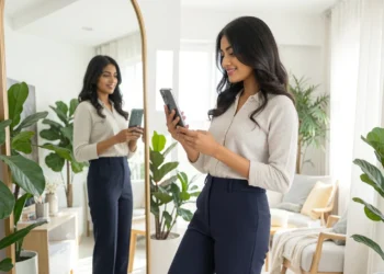 Confident South Asian woman wearing perfect trousers for women in a modern living room, showcasing ideal fit and style for fashion blog guide.