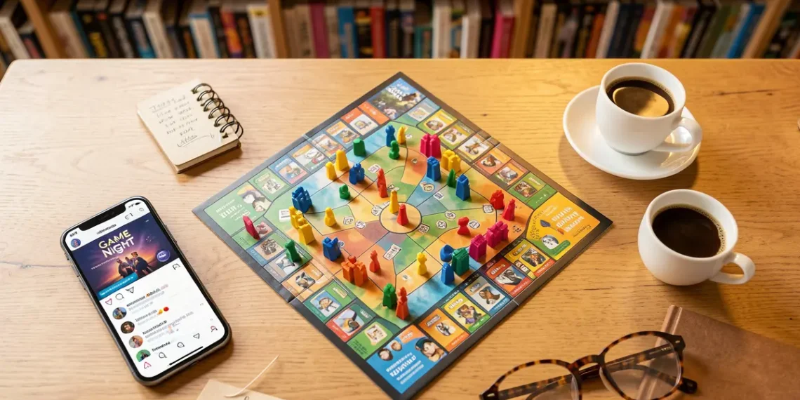 Top-down view of a board game on a cafe table next to a smartphone displaying social media marketing strategies for a game night event.