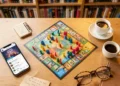Top-down view of a board game on a cafe table next to a smartphone displaying social media marketing strategies for a game night event.