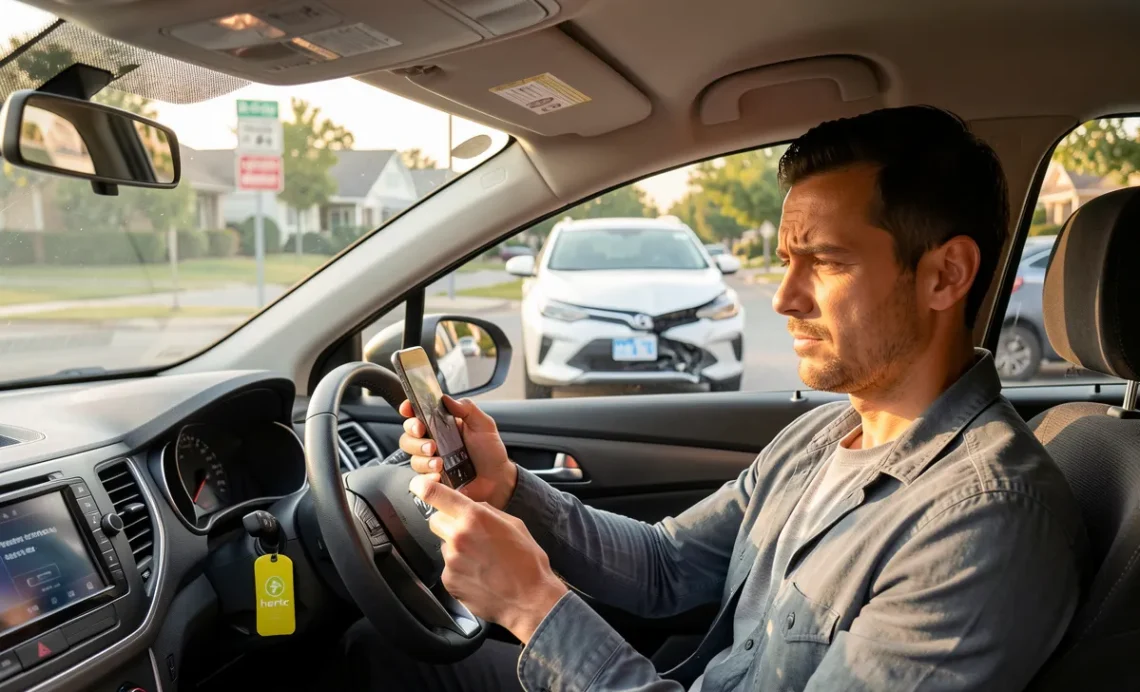 A driver uses a smartphone to document damage after a minor rental car accident, with the other vehicle visible through the windshield