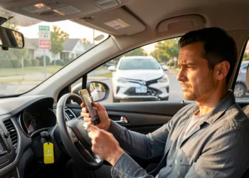 A driver uses a smartphone to document damage after a minor rental car accident, with the other vehicle visible through the windshield