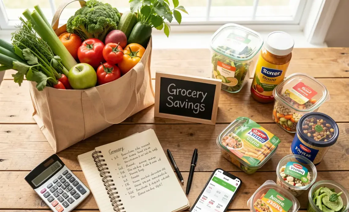 Flat lay composition showing grocery savings essentials including fresh produce, grocery list, calculator, smartphone with price comparison app, and store brand products for budgeting tips.