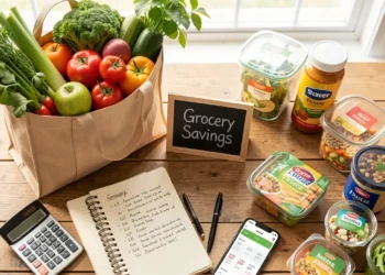 Flat lay composition showing grocery savings essentials including fresh produce, grocery list, calculator, smartphone with price comparison app, and store brand products for budgeting tips.