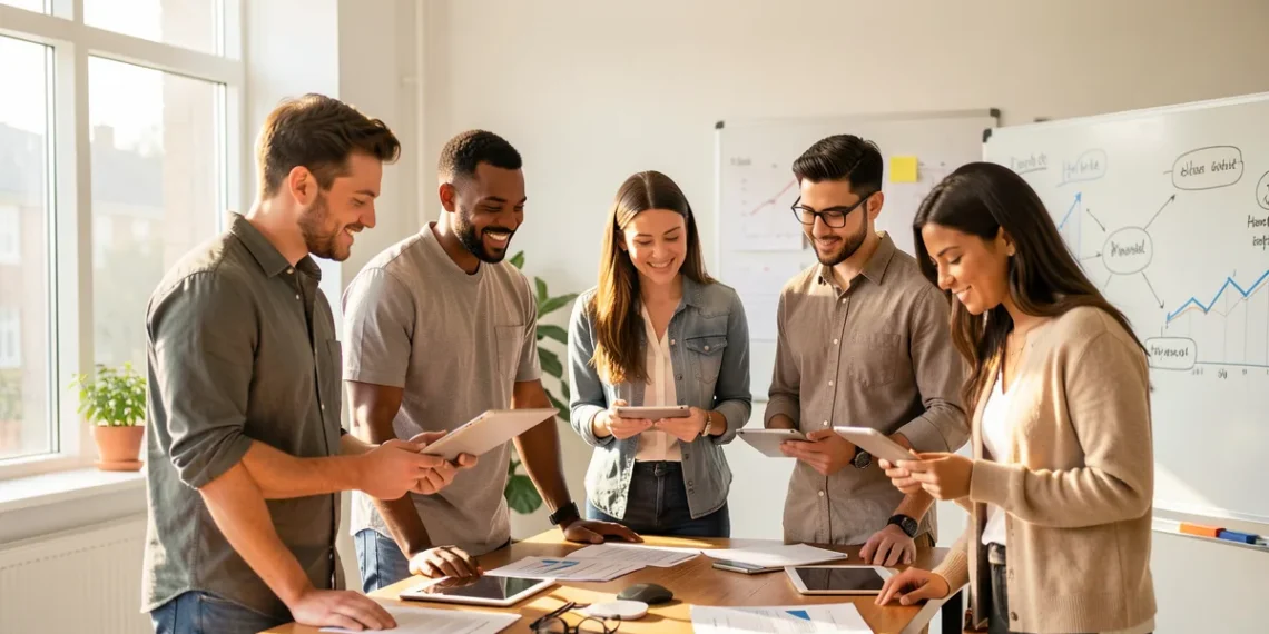 Diverse startup team collaborating around a wooden table in a modern office, reviewing business growth strategies and documents together.