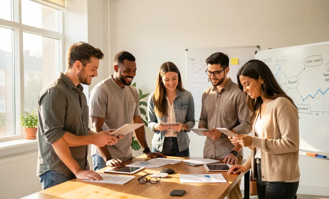 Diverse startup team collaborating around a wooden table in a modern office, reviewing business growth strategies and documents together.