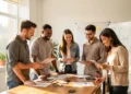Diverse startup team collaborating around a wooden table in a modern office, reviewing business growth strategies and documents together.