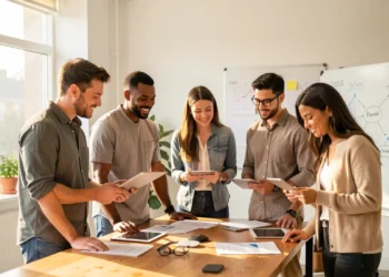 Diverse startup team collaborating around a wooden table in a modern office, reviewing business growth strategies and documents together.
