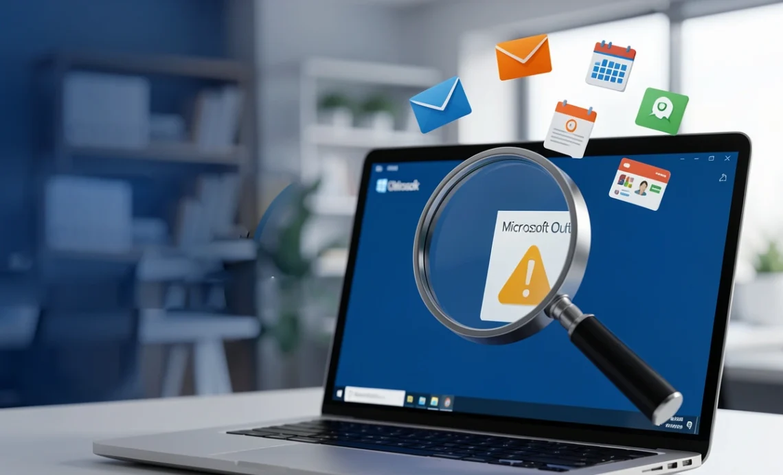 Stellar Repair for Outlook software review showing laptop screen with PST file recovery and email restoration interface