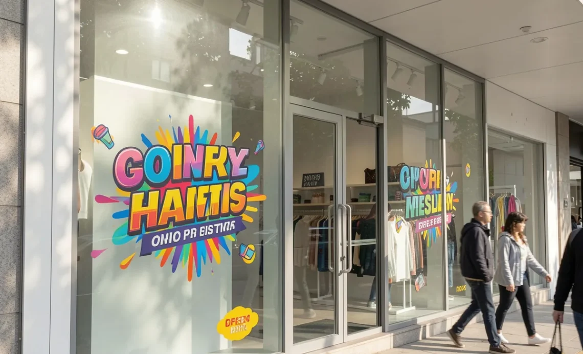 Store window decals on a modern storefront displaying business logo, hours, and promotional messaging to attract foot traffic