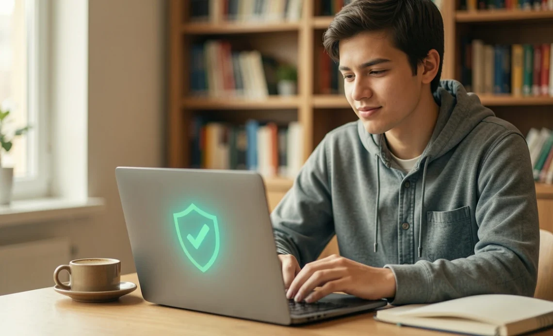 College student researching trustworthy essay writing services on laptop in comfortable study space, feeling confident about safe choice