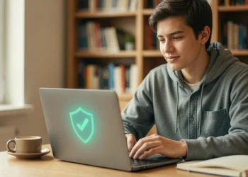 College student researching trustworthy essay writing services on laptop in comfortable study space, feeling confident about safe choice