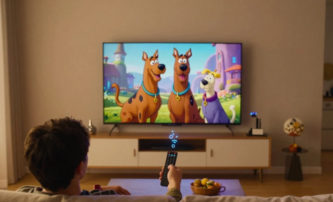 Modern living room with streaming cartoons on TV showing how to watch free cartoons online safely and legally