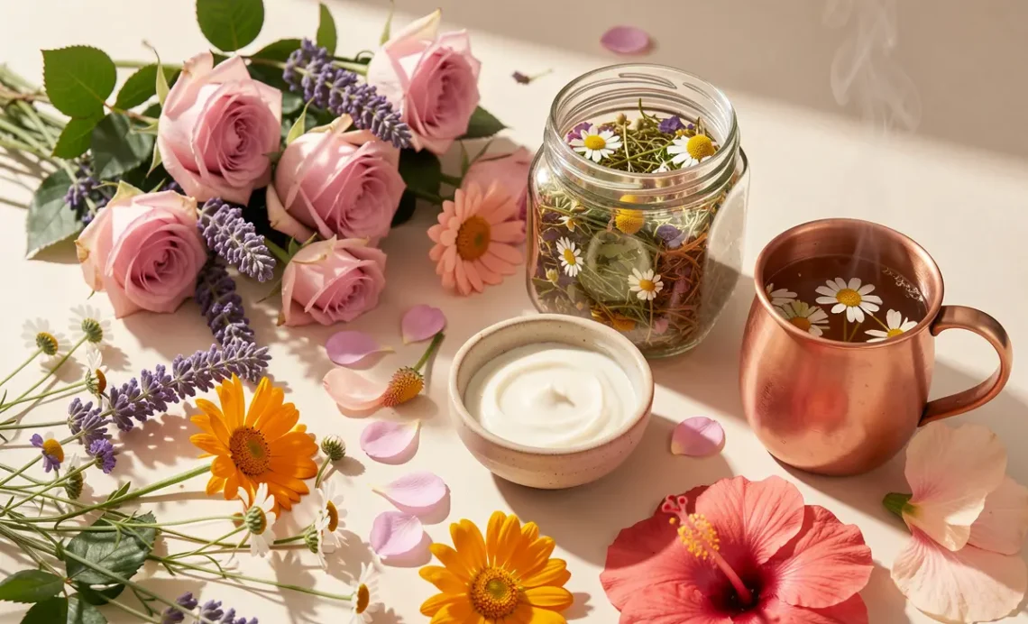 Fresh flowers including roses, lavender, and chamomile arranged with herbal tea and natural skincare products representing the wellness benefits of flowers for mood, healing, and beauty.