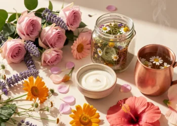 Fresh flowers including roses, lavender, and chamomile arranged with herbal tea and natural skincare products representing the wellness benefits of flowers for mood, healing, and beauty.