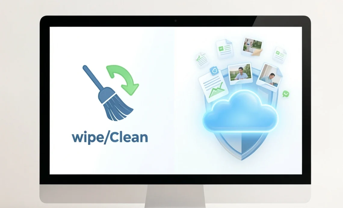 wipe computer without losing data guide showing laptop with cloud backup and protected file icons floating above it