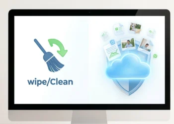 wipe computer without losing data guide showing laptop with cloud backup and protected file icons floating above it