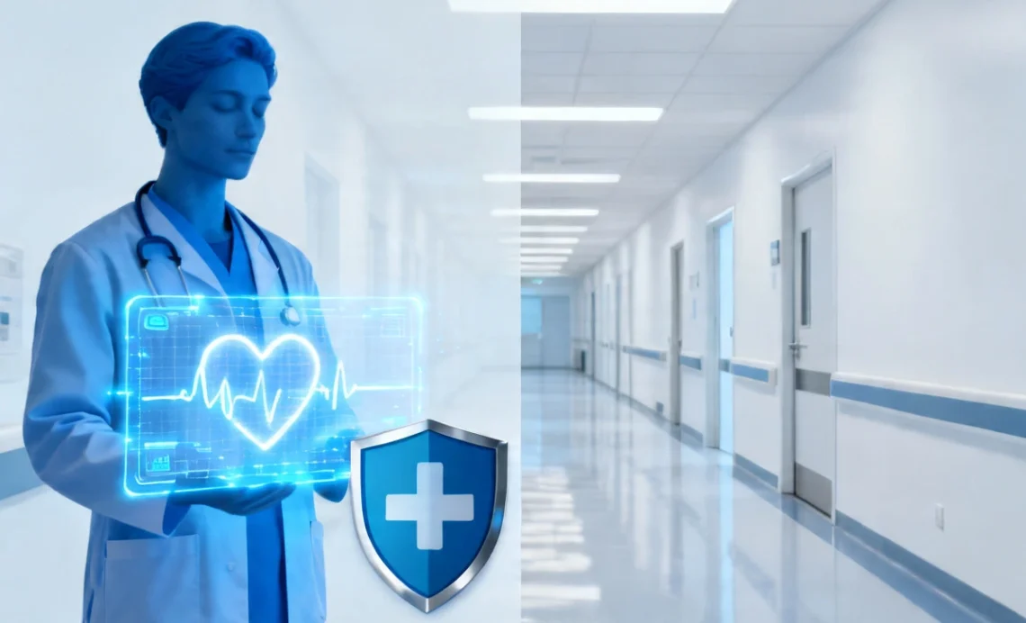 AI healthcare risks and benefits illustrated with doctor on blue safety side and cracked warning screen on red risk side