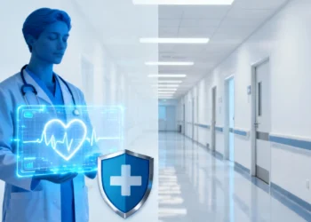 AI healthcare risks and benefits illustrated with doctor on blue safety side and cracked warning screen on red risk side