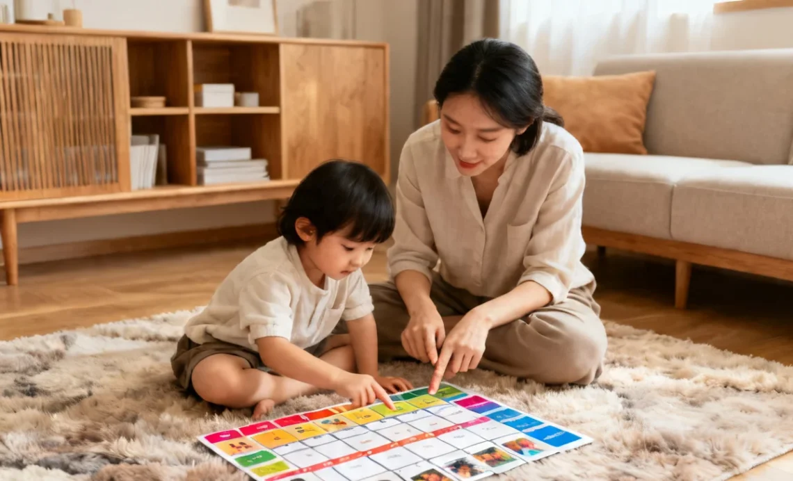 Mother helping young child with autism support for families use a colorful visual schedule board at home, promoting routine and communication.
