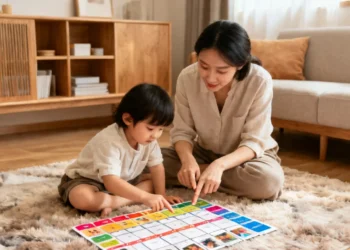 Mother helping young child with autism support for families use a colorful visual schedule board at home, promoting routine and communication.