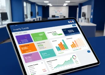 Auto dealership CRM metrics dashboard showing inventory turn rate, average sales cycle, and sales per rep analytics in a modern car showroom