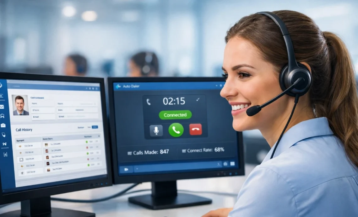 Auto dialer software interface on dual monitors showing active call, CRM integration, and call metrics in a modern call center